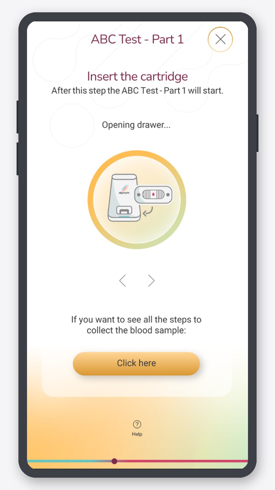 Algocyte app on a phone showing a guided test step