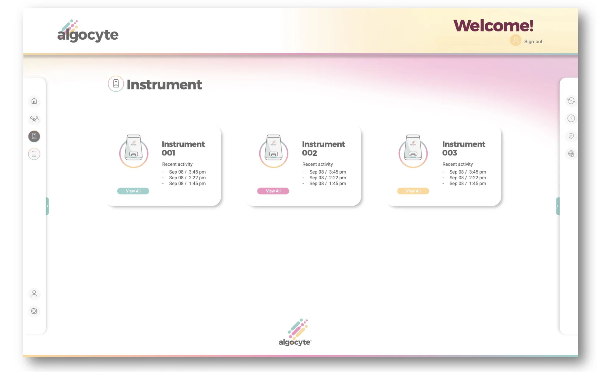 Clinician dashboard showing an Algocyte Proxima instrument fleet with recent activity across multiple devices