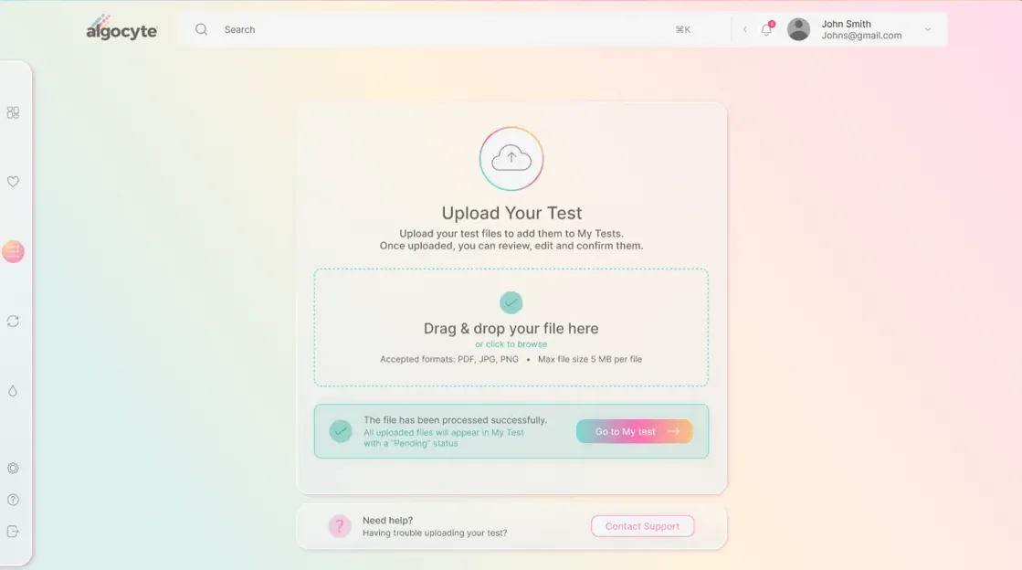 Algocyte HealthHub upload and personalised record capture screen